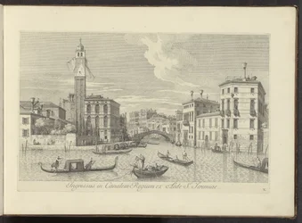 Se över Cannaregio i Palazzo Labia i Venedig Ingång till Royal Canal från St. Jeremiahs hus (titel på objektet) Den mest kända utsikten över staden Venedig, från Antonio Canals 38 paneler tryckta på luft av Antonio Visentini, uppdelade i tre delar