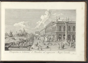 Hoek van het San Marcoplein med de Biblioteca Marciana Utsikt från Column of St. Theodore till ingången till Canal Grande (titel på objektet) Den mest kända utsikten över staden Venedig, från Antoniuskanalens 38 paneler i mässing, tryckta av Antonio Visent