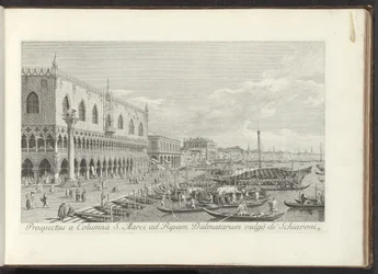 Hoek van het San Marcoplein met het Dogepalis en de zuil met de Leeuw van Venetië Utsikt från Markuspelaren till Dalmatiens strand vulgò de