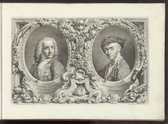 Portretten van artister Canaletto och Antonio Visentini Den mest kända utsikten över staden Venedig, från Antoniuskanalens 38 paneler, tryckta på mässing av Antonio Visentini, uppdelade i tre delar. del ett (serietitel) Gezichten op grote kanalen i Ven
