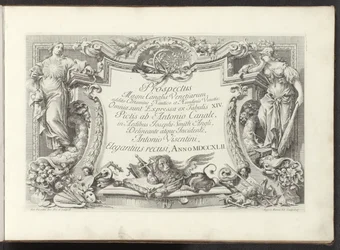 Titeltryck med kartusch med visdom och kraft Utsikt över Canal Grande i Venedig (serietitel) Prospekt Magni Canalis Venetiarum (serietitel på objekt)