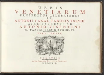 Titelprent met een naakte vrouwenfiguur met schild, helm en boek Den mest kända utsikten över staden Venedig, från Antoniuskanalens 38 paneler, tryckta på mässing av Antonio Visentini, uppdelade i tre delar. tredje delen (serietitel på objekt)