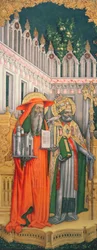 De heliga Hieronymus och Gregorius, vänster panel från Jungfrun med de heliga Hieronymus, Gregorius, Ambrosius och Augustinus, 1446 (efter restaurering) (se 160893-99)