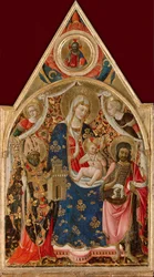 Madonna och barn, med en biskop, Johannes Döparen och änglar, tidigt 1400-tal.