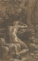 Man sittande sett bakifrån Narcissus, ca. 1527-30.
