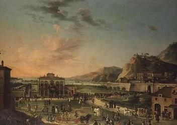 En capriccio-panorama av Karl III:s kung av de två Siciliernas resa, från hans villa i Portici till Palazzo Farnese i Rom