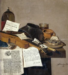Stilleben med broschyrer en fiol, flöjt, mat och pamfletter