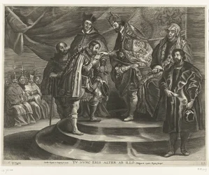 Troonsafsand van Karel V; intocht van Ferdinand te Gent 1635 (blad 25) Charles tog av sig kungariket och imperiet / Du kommer nu att bli andra efter honom / Filip II tar kungariket från sin far (titel på objekt)