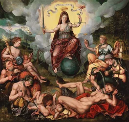 Justitia besegrar de sju dödssynderna, omkring 1600
