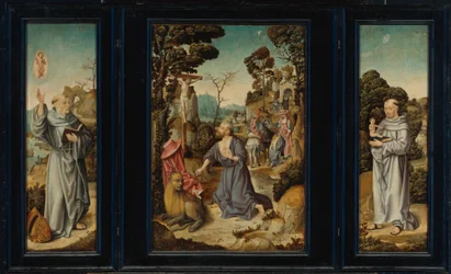 En triptyk: Scener ur livet av St. Jerom, Sankt Antonius av Padua, Sankt Bernhard av Clairvaux