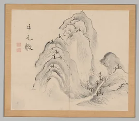 Dubbelalbum av landskapsstudier efter Ikeno Taiga, volym 1 blad 15, 1700-talet.