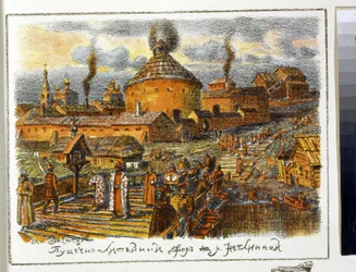 Tvättkanon på Neglinnayafloden (Neglimna, Neglinna, Neglinka), på 1600-talet. Verk av Appolinari Mikhaylovich Vasnetsov (1856-1933), litografi