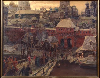 Moskva på 1600-talet, Moskvoretsky-bron och vattenporten - målning av Appolinari Mikhaylovich Vasnetsov (1856-1933), olja på duk