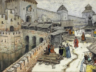 Moskva på 1600-talet. Bokhandlar på Kristus Frälsarens bron, 1902