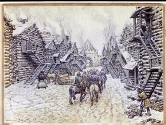 Gamla Moskva. Traditionell träarkitektur under snön. Verk av Appolinari Mikhaylovich Vasnetsov (1856-1933), akvarell och krita på papper
