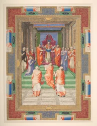 En påvlig ceremoni, Paul IV står framför den påvliga tronen, Add. MS 35254 Q, c.1555-59 (vellum)
