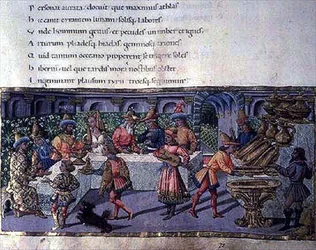 Ms 492 f.75 Bankettscen, från Aeneiden (vellum)