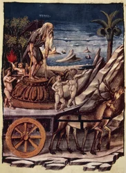 Tidens triumf, tidens vagn som dras av rådjur, miniatyr av Apollonio di Giovanni (1415 eller 1417-ca 1465) från Triumphs, allegorisk dikt av Francesco Petrarca (1304-1374), manuskript 1129, folio 42, verso, Italien
