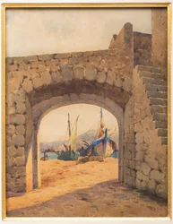 Vault med hamn och båtar (akvarell)