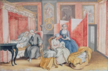 Joseph II (1741-90) vid sängen av sin hustru Isabella av Parma efter födelsen av deras dotter Maria Theresia (1762-1770), 1762 (gouache)