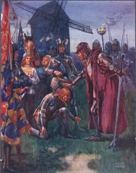 Prinsen till sin Fader knäböjer lågt: Hans är striden - hans helt! illustration från Ballads of Famous Fights, c.1900