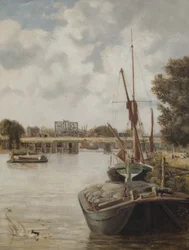 Den nuvarande Hammersmith Bridge under uppbyggnad som visar den tillfälliga bron, 1886
