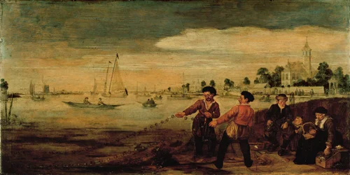 Fiskare på stranden av Amstel nära Pauwentuin, Amsterdam