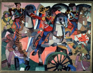 Segerstrid. Stridsscen, uttrycksfulla och färgstarka, beväpnade soldater, laddande ryttare, kanonhjul och explosioner och stupade soldater. Målning av Aristarkh Vasilyevich Lentulov (1882-1943), olja på duk, 191