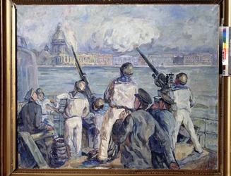 La defense de Sebastopol (Sevastopols försvar). Avsnitt av andra världskriget (1939-1945): panorama av staden Krim från ett ryskt militärfartyg vars sjömän maskingevär den tyska belägringen (belägring 1941-1942). Målning av Arista