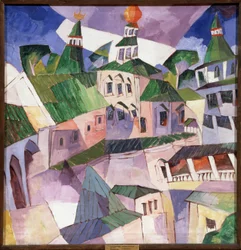 Kloster. Biskopsdomstolen i New Jerusalem Monastery i Ryssland. (Monastery. Bishop Courtyard in the New Jerusalem Monastery). Målning av Aristarkh Vasilyevich Lentulov (Lentulov) (1882-1943), olja på duk