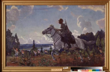 Med en rapport. (En budbärare från ett kavalleriregemente i Röda armén galopperar genom landsbygden, hälsad av barn i socialistiska ungdomsuniformer). Målning av Arkadi (Arkady) Alexandrovich Rylov (1870-1939), olja på duk