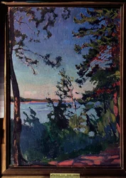 En park på stranden av floden Neva. Målning av Arkadi (Arkady) Alexandrovich Rylov (1870-1939), olja på duk
