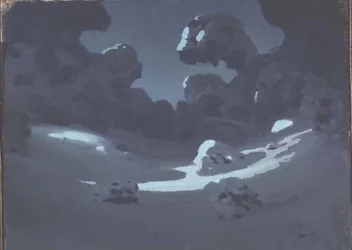 Månen tänder ett glänta i skogen (olja på papper)