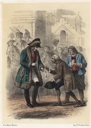 Kung Karl XIV (Jean de Suede) (John Baptiste Bernadotte) (1763-1844) tilldelas en medalj av sin tidigare lärare - Gravyr av Telory