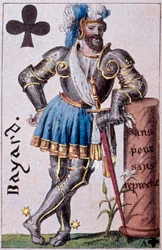 Representation av riddaren Pierre Terrail, Lord of Bayard (1476-1524). Detalj av ett spelkort gjort av Gustave Houbigant (1789-1862) 1800-talets Paris B.N.