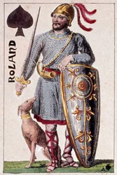 Representation av riddaren Roland (eller Hroudland), Marquis of the Marches of Bretagne. Detalj av ett spelkort gjord av Gustave Houbigant (1789-1862) 1800-talets Paris B.N.