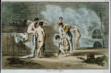 Ryska män i en bastu, från Mores et Coutumes Russes, 1821 (färgad litho)