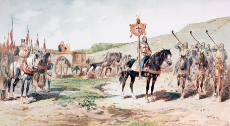 Korsfarare på marsch under 1000-talet med en hästdragen förrådsvagn, 1886