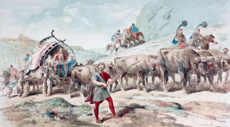 Nervisk vagn dragen av oxar