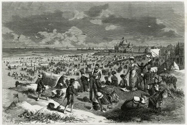 Ostend Beach. Gravyr av A.Heins, för att illustrera berättelsen ""La Belgique"", av Camille Lemonnier (1844-1913), författare och konstkritiker. Publicerad i Tour du monde new journal des voyages