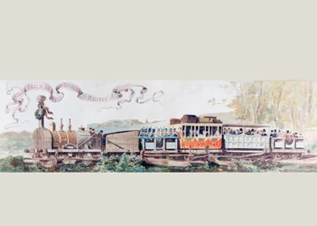 Bild som firar det första tåget från Bryssel till Mechlin 1835, 1886