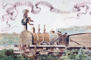 Bild som firar det första tåget från Bryssel till Mechlin 1835, 1886
