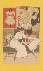 Sittande kvinna vid en monter och tittar på tryck, 1897