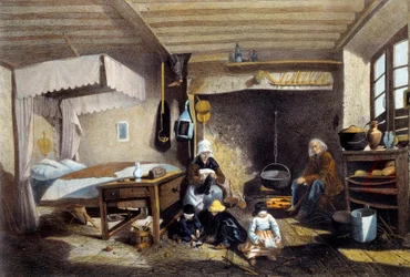 Bondeinteriör nära Royat i Auvergne. Mamman syr, pappan sitter vid den stora öppna spisen medan barnen leker. Litografi av Armand Theophile Cassagne (1823-1907) 1800-talet. Musee National des Arts et Traditions Populaire, Paris.