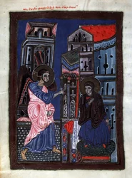 Bebådelsen. Ärkeängeln Gabriel besöker Jungfru Maria. Belysning av Codex Matenadarans mästare (1200-talet), miniatyr, akvarell på pergament