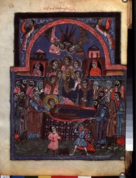 Jungfruns sovande. (Jungfruns sovsal). Belysning av Codex Matenadarans mästare (1200-talet), miniatyr, akvarell på pergament