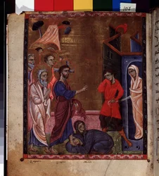 The Resurrection of Lazarus (The Resurrection of Lazarus). Belysning av Codex Matenadarans mästare (1200-talet), miniatyr, akvarell på pergament