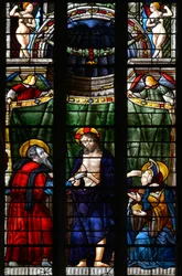 Den uppståndne Kristus tar den helige Tomas hand för att få honom att se sina sår och berör med andra handen pannan på Sankta Maria Magdalena - Målat glas från kapellet Notre Dame d
