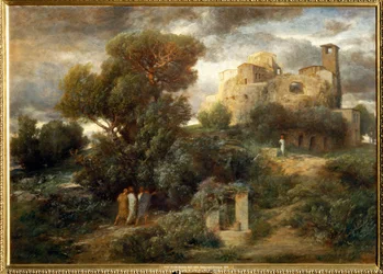 Die Pilger auf dem Weg nach Emmaus - Pilgrimer på väg till Emmaus ... (målning på duk)