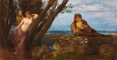 ""Soiree de Printemps"" (Vårafton) Pan spelar sin flöjt, liggande på en sten, medan två nereider lutar sig villigt mot stammar - Målning av Arnold Bocklin (1827-1901) 1879 Szepmuveszeti Muzeum, Budapest